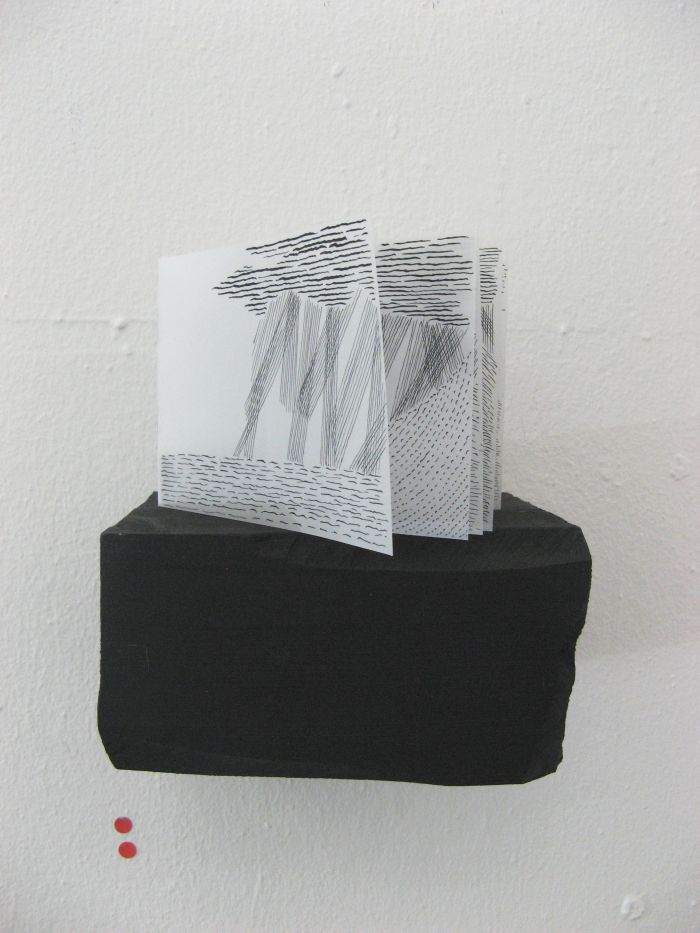 Click the image for a view of: 9 day journey - day 4. 2011. Ink on drafting film, wooden block.
